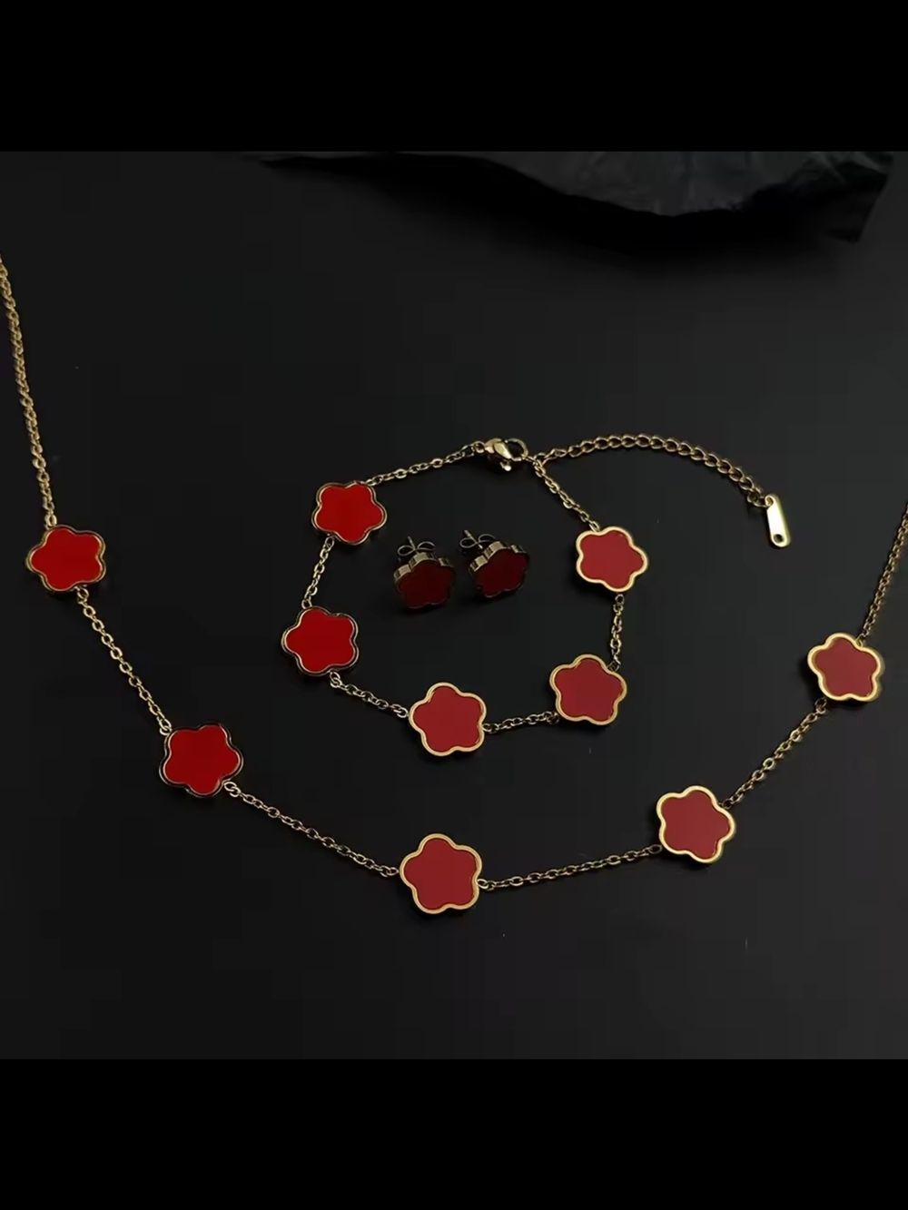 Gold-Tone Necklace Bracelet & Stud Set with Red Clover Motifs - Picture 2 of 3